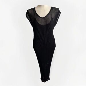 Massimo Dutti Midi Dress Black Ribbed Knit Bodycon Viscose Sheer Resort Small